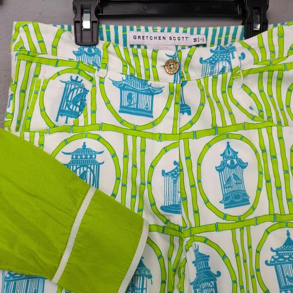 Gretchen Scott 2pc Outfit Women's M Green Button Top Asian Bird Ankle Pant 29x27 - Picture 9 of 10